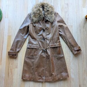 Halogen / Anthropologie Leather Knee Length Jacket w/ Detachable Collar (Small)
